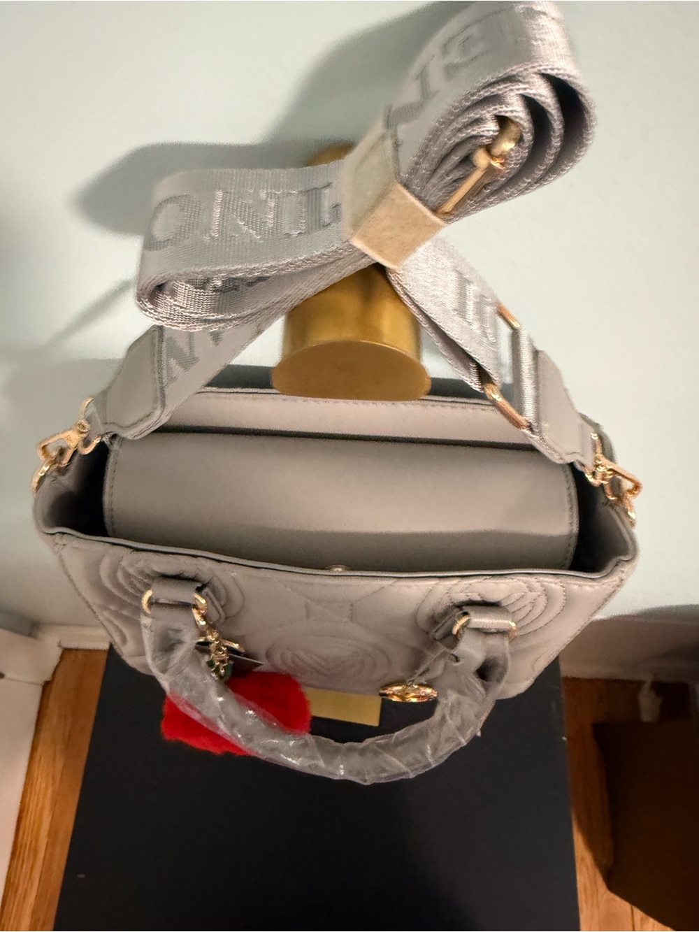 Valentino Orlandi light grey Quilted Satchel with FREE Red Pom Cherry Charm! NWT - Picture 11 of 11